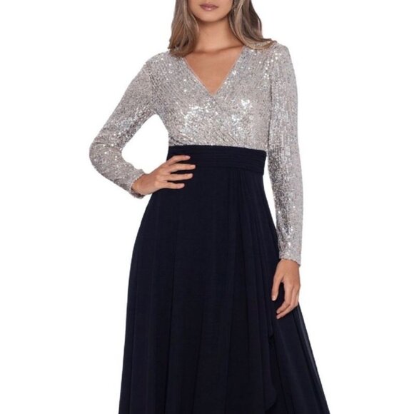 NEW Xscape Sequined Chiffon Long Sleeve Gown Dress Black Nude Silver Size 8 NWT - Picture 3 of 9